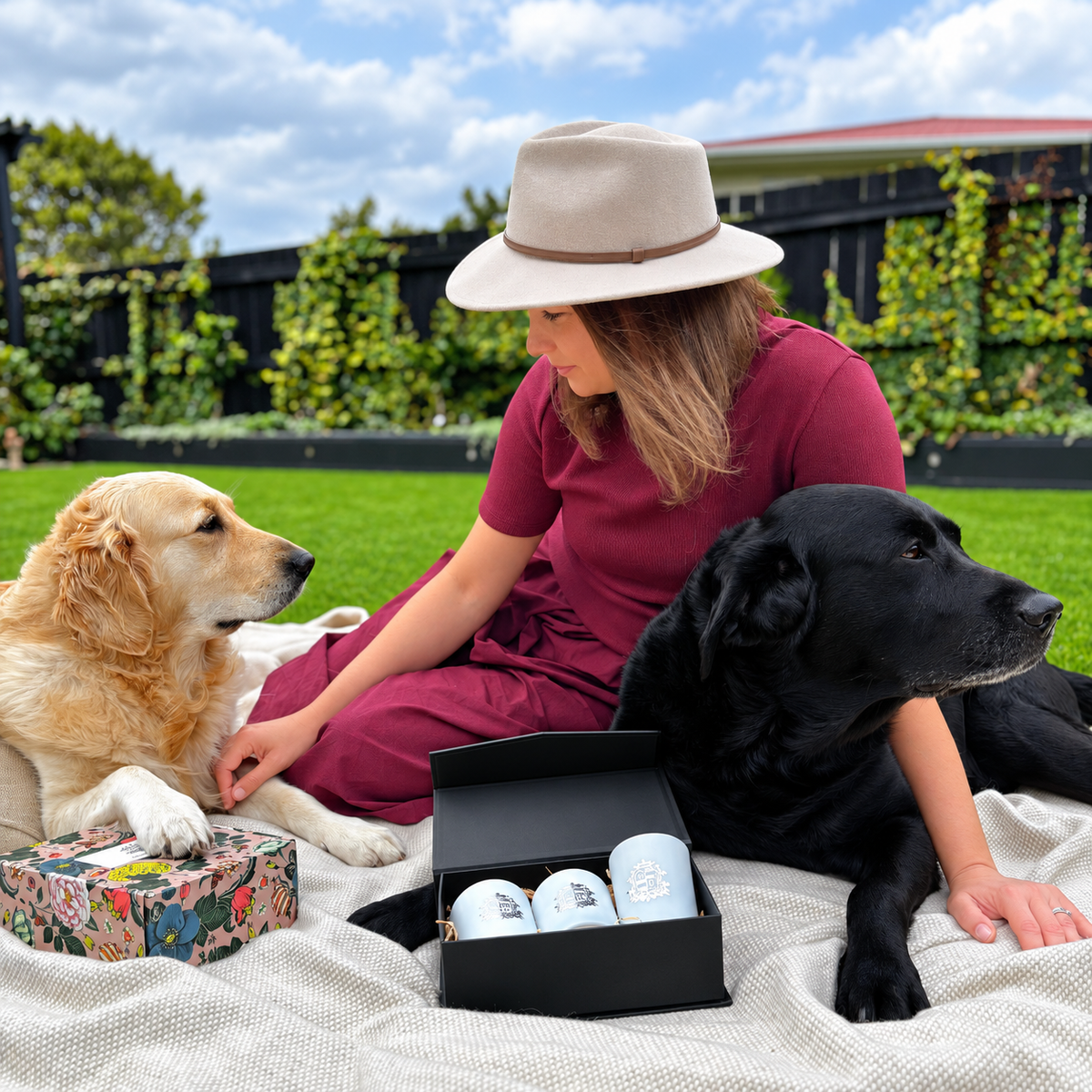 Lady sitting with her tow dogs showcasing Abbey Rose Gift Boxes