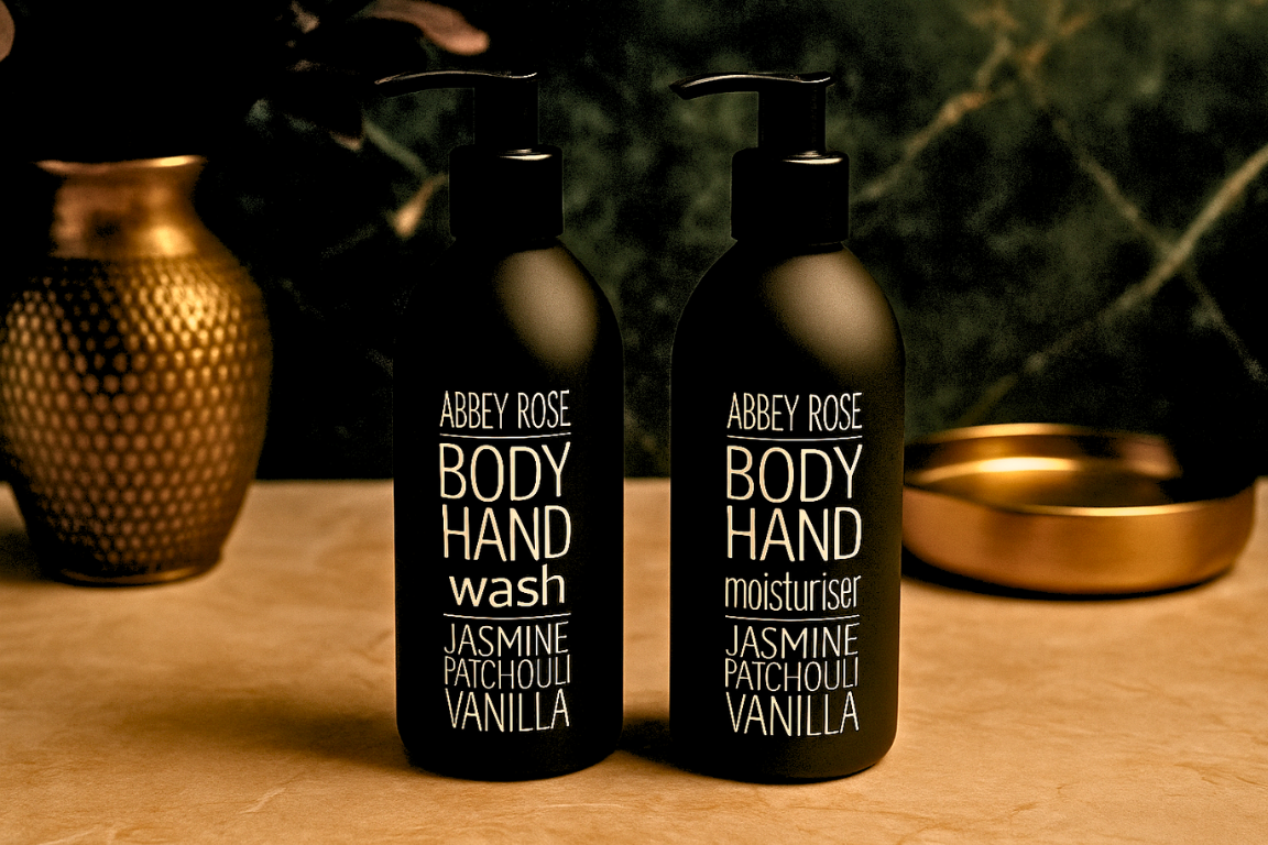 Two black bottles of Abbey Rose Body Hand wash and moisturiser on a wooden surface with decorative items in the background.