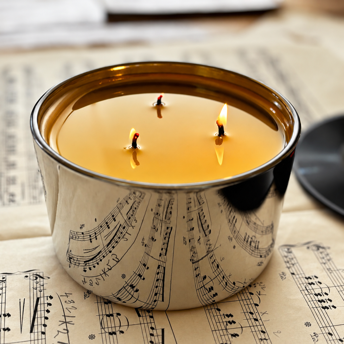 Sterling Silver scented candle sitting on musical notes