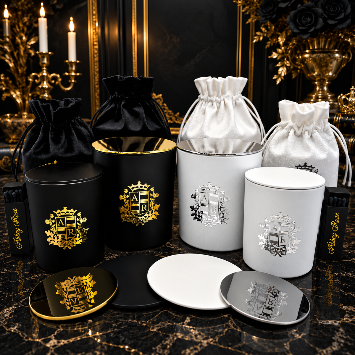 Abbey Rose soy candles in black and white jars with matching lids and drawstring bags