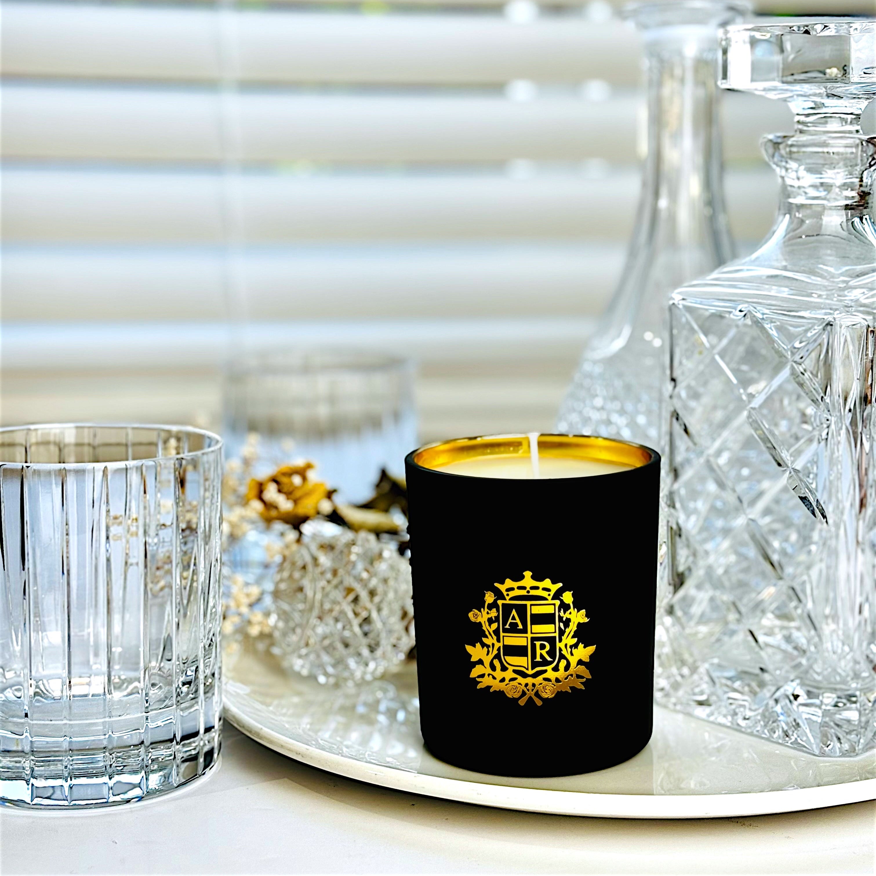 Luxruy Scented Candle from Abbey Rose with crystal glassware.
