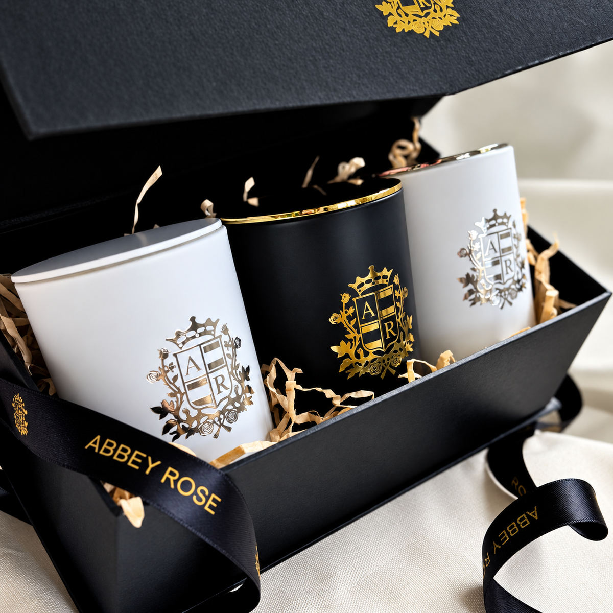 Abbey Rose gift box with three soy candles in white and black jars