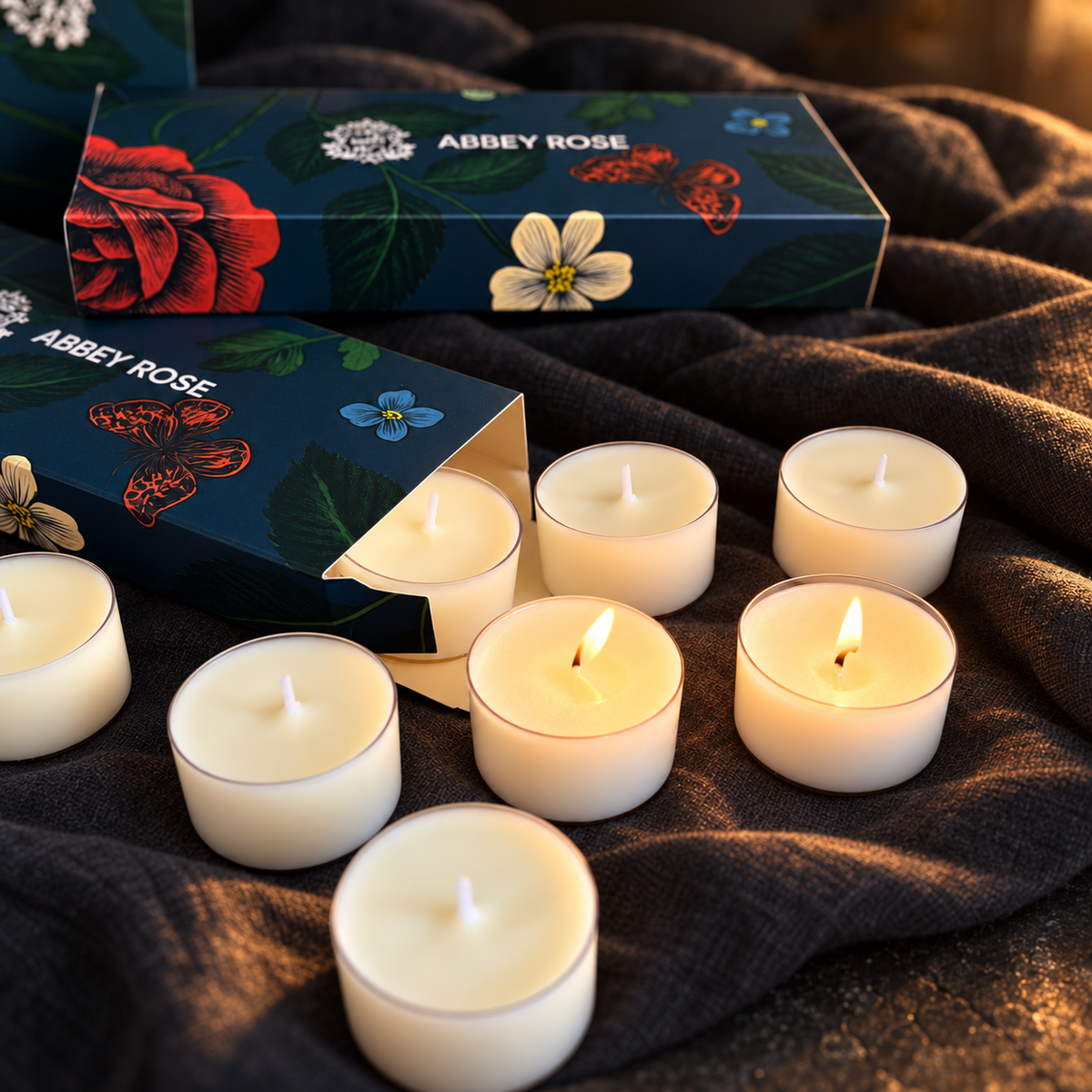 Abbey Rose Discovery Set with two glowing tealight candles, unlit tealights and navy floral gift boxes on black linen.