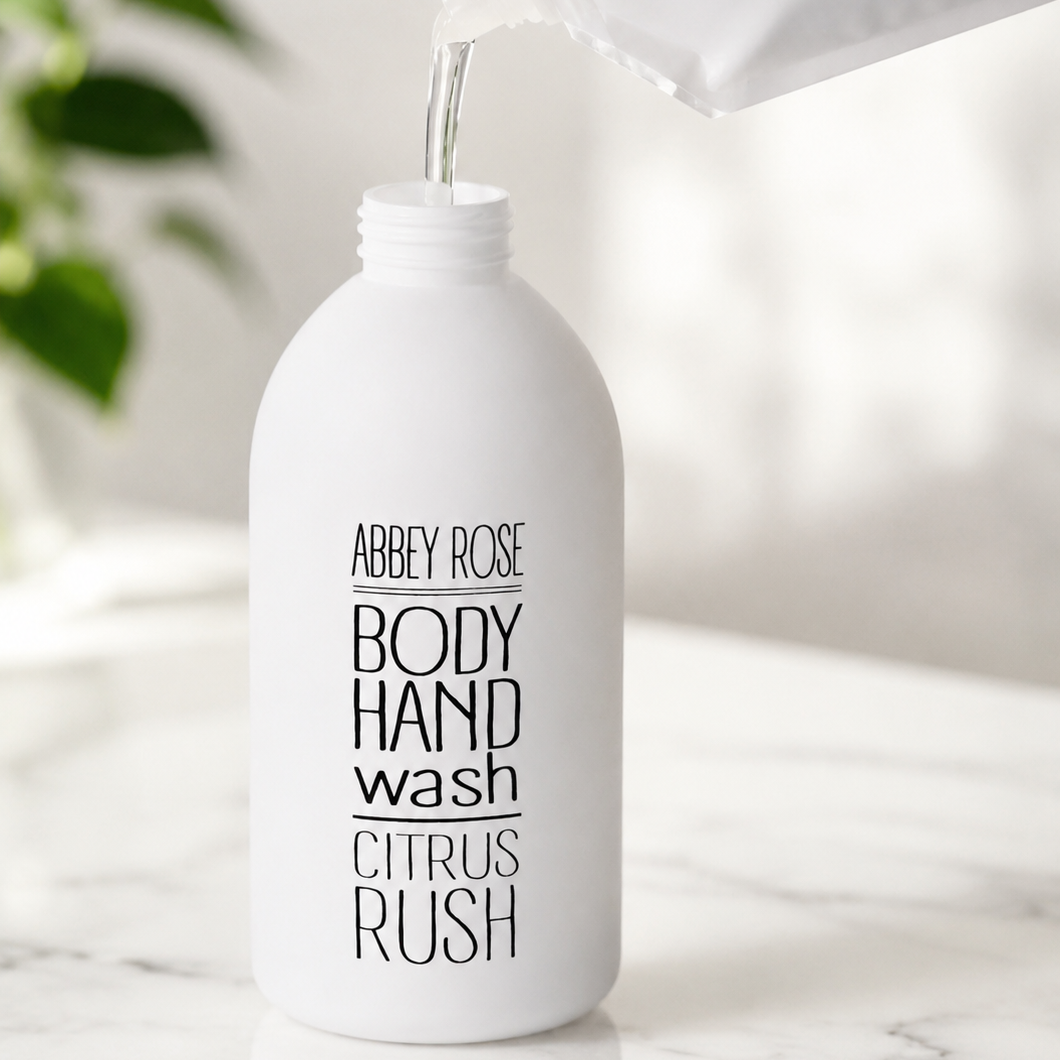 Citrus Rush and Jasmine, Patchouli & Vanilla organic body wash refill bottles side by side - Abbey Rose New Zealand