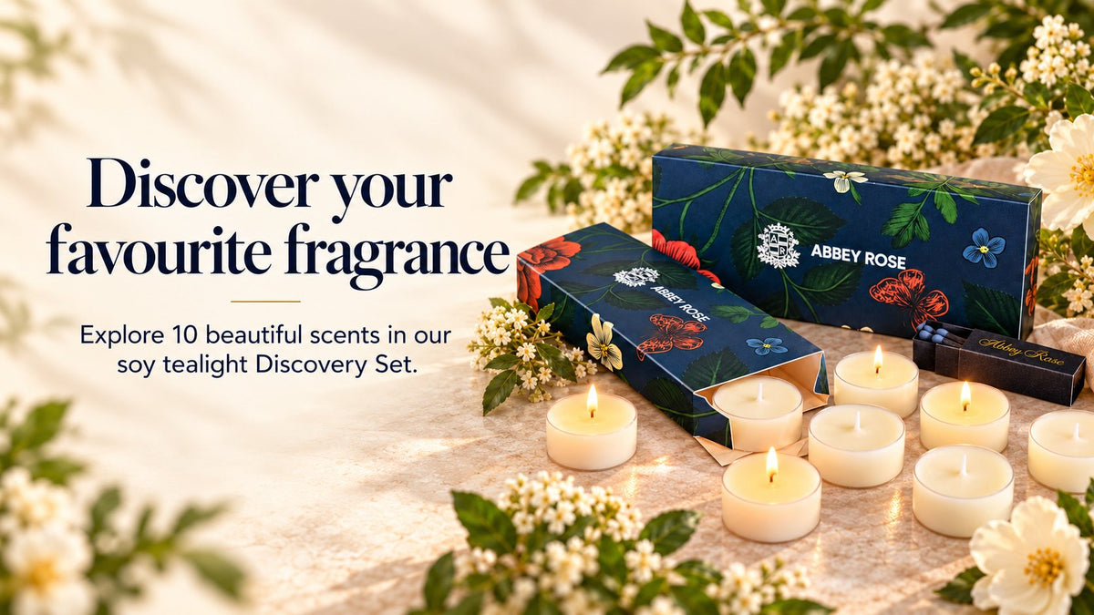 Abbey Rose soy tealight Discovery Set with 10 hand poured scented tealights and custom matches, New Zealand made